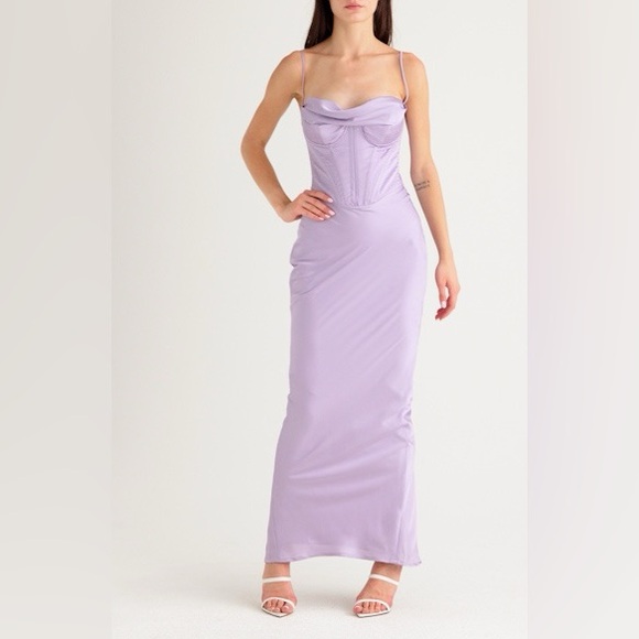 House of CB Charmaine Corset Satin Maxi Slip Dress Lilac Size L back slit - Picture 2 of 11